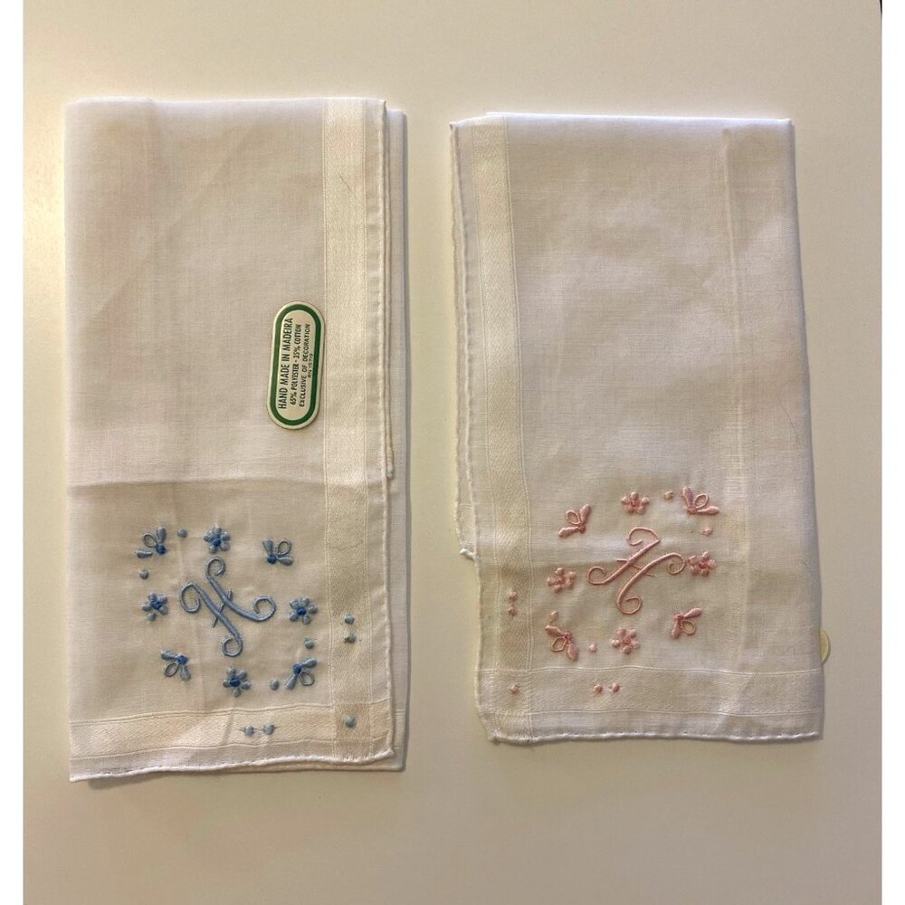 Vtg Lot 2  Monogram "H" Pink Blue White Madeira Embroidered  Bees Handkerchiefs